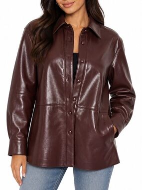 H&M Edition Burgundy Patent Faux Leather Overshirt Jacket Size L 🩶